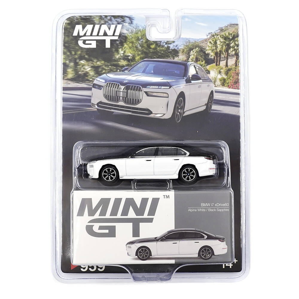 (ÖN SATIŞ) Mini GT 1/64 BMW i7 xDrive60 Alpine White / Black Sapphire - Blister Paket MGT00959-BL