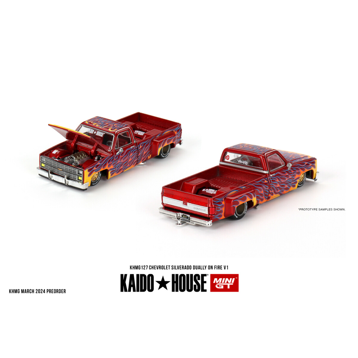 Mini GT 1/64 KaidoHouse Chevrolet Silverado Dually on Fire V1 KHMG127 - Thumbnail