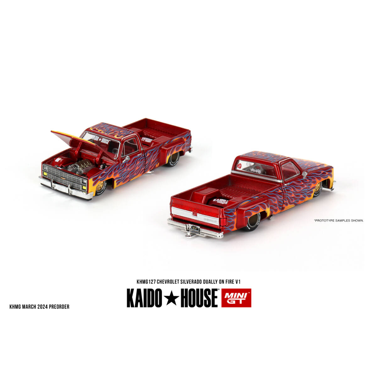 Mini GT 1/64 KaidoHouse Chevrolet Silverado Dually on Fire V1 KHMG127