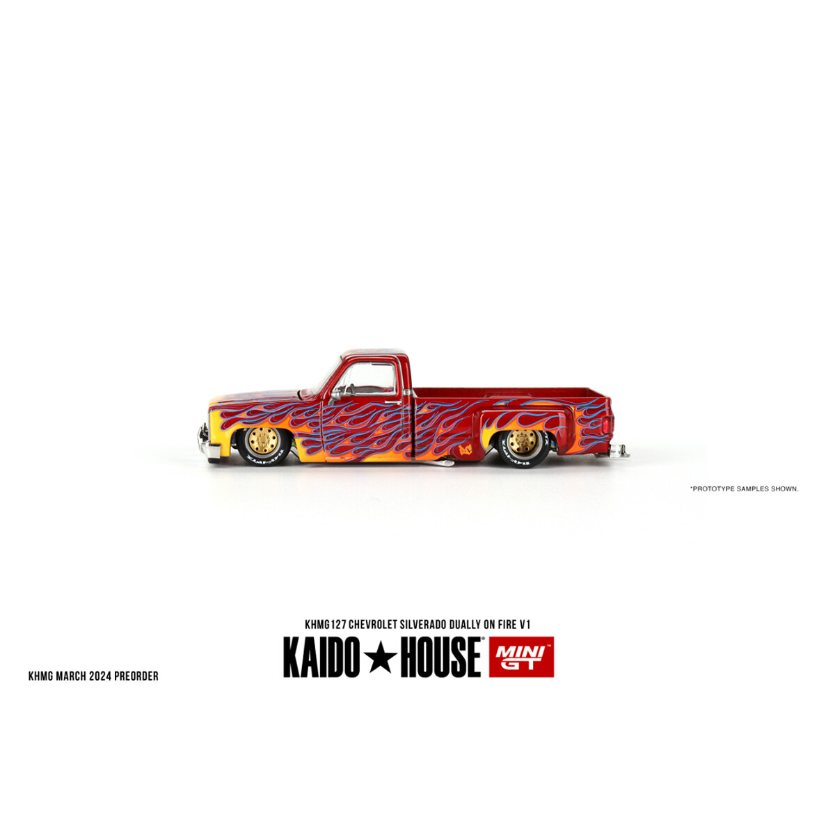Mini GT 1/64 KaidoHouse Chevrolet Silverado Dually on Fire V1 KHMG127 - Thumbnail