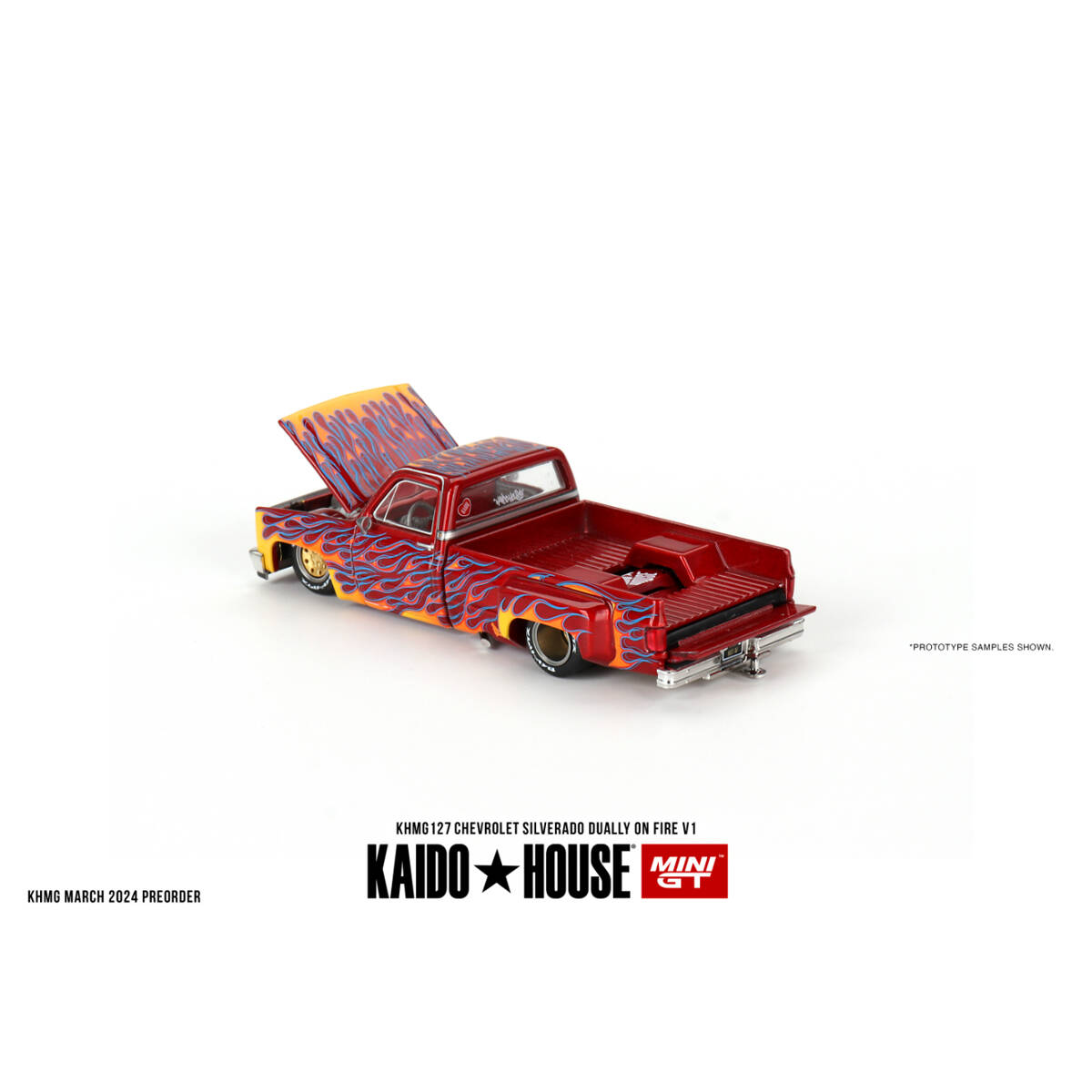Mini GT 1/64 KaidoHouse Chevrolet Silverado Dually on Fire V1 KHMG127