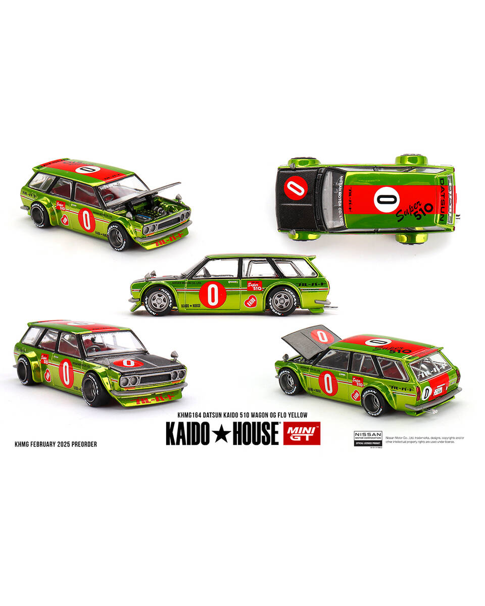 (ÖN SATIŞ) Mini GT 1/64 KaidoHouse Datsun KAIDO 510 Wagon OG Flo Yellow KHMG164