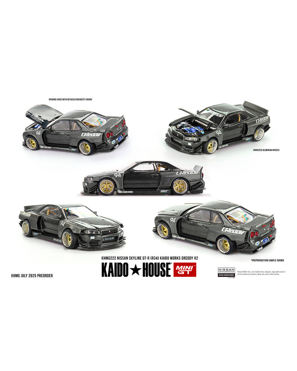 (ÖN SATIŞ) Mini GT 1/64 KaidoHouse Nissan Skyline GT-R (R34) Kaido Works GReddy V2 KHMG222