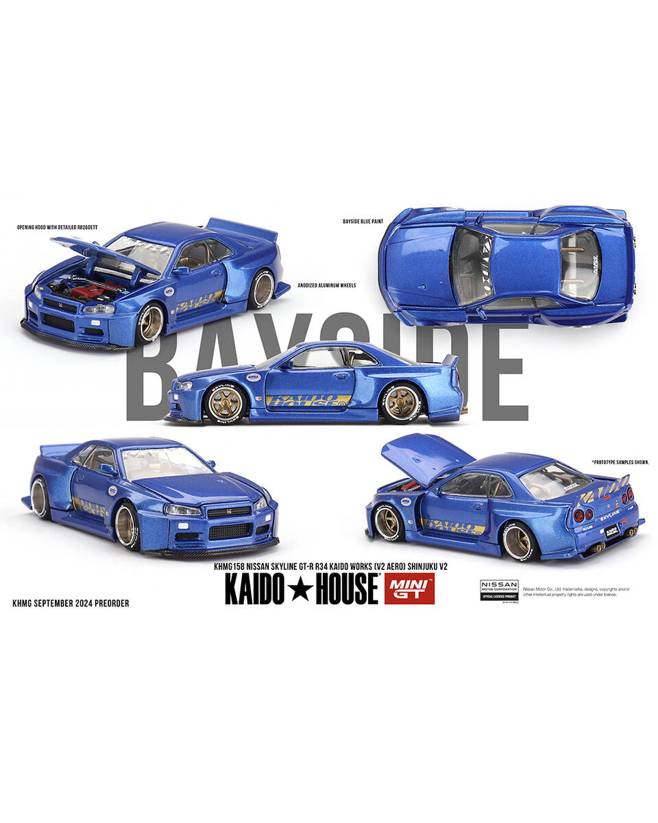 (ÖN SATIŞ) Mini GT 1/64 [KaidoHouse x MiniGT] Nissan Skyline GT-R (R34) Kaido Works (V2 Aero) SHINJUKU V2 KHMG158