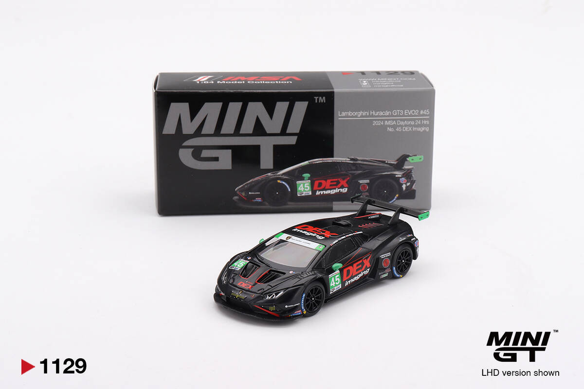 (ÖN SATIŞ) Mini GT 1/64 Lamborghini Huracán GT3 EVO2 No. 45 DEX Imaging 2024 IMSA Daytona 24Hrs MGT01129