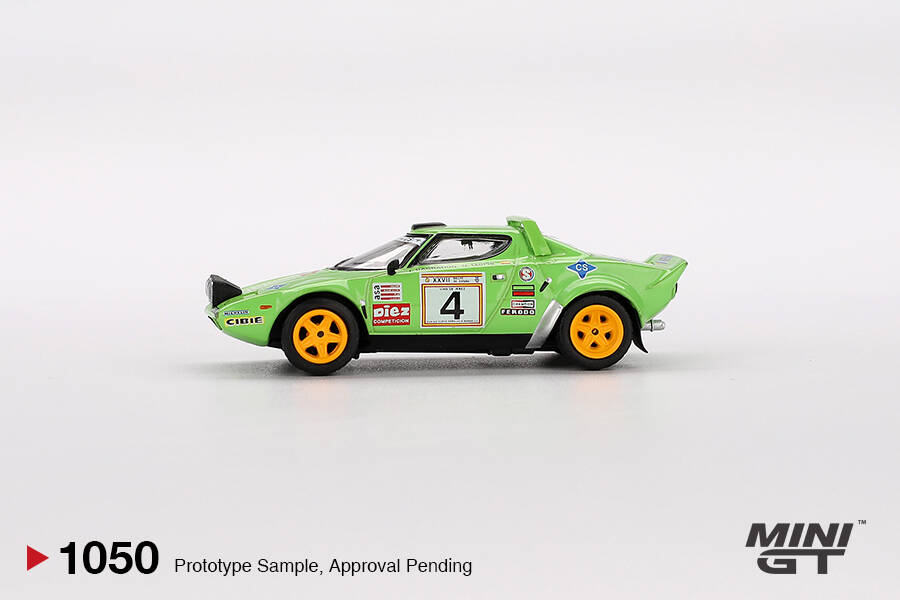 (ÖN SATIŞ) Mini GT 1/64 Lancia Stratos HF #4 1979 Spanish Rally Champion MGT01050