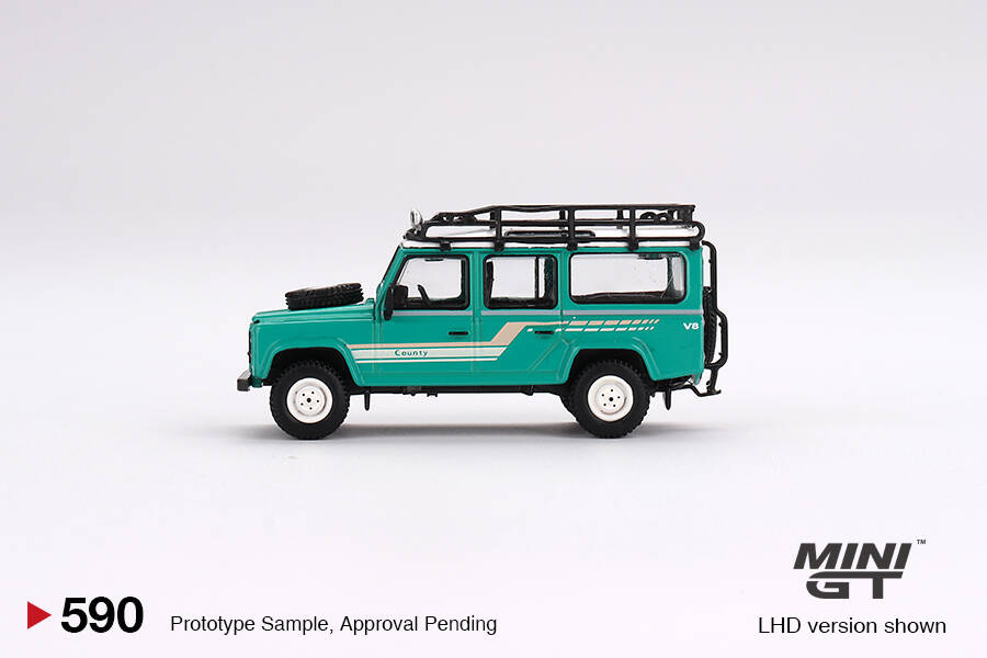 Mini GT 1/64 Land Rover Defender 110 1985 County Station Wagon Trident Green MGT00590
