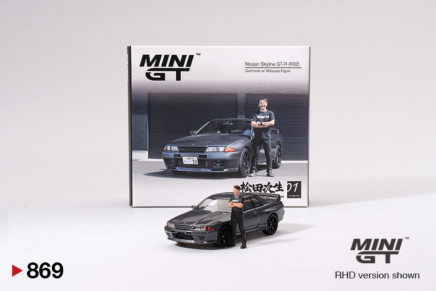 (ÖN SATIŞ) Mini GT 1/64 Nissan Skyline GT-R (R32)Gunmetal W/ Matsuda Figure Tsugio Matsuda Collection MGT00869 - Thumbnail