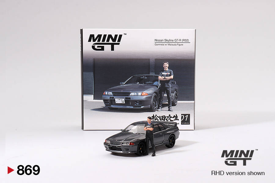 (ÖN SATIŞ) Mini GT 1/64 Nissan Skyline GT-R (R32)Gunmetal W/ Matsuda Figure Tsugio Matsuda Collection MGT00869