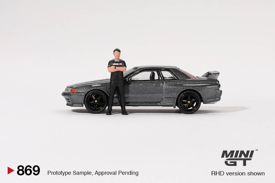 (ÖN SATIŞ) Mini GT 1/64 Nissan Skyline GT-R (R32)Gunmetal W/ Matsuda Figure Tsugio Matsuda Collection MGT00869