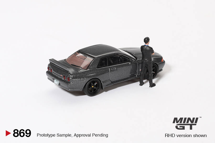 (ÖN SATIŞ) Mini GT 1/64 Nissan Skyline GT-R (R32)Gunmetal W/ Matsuda Figure Tsugio Matsuda Collection MGT00869