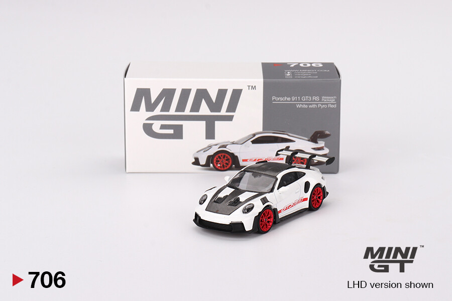 Mini GT 1/64 Porsche 911 (992) GT3 RS Weissach Package White with Pyro Red MGT00706 - Thumbnail