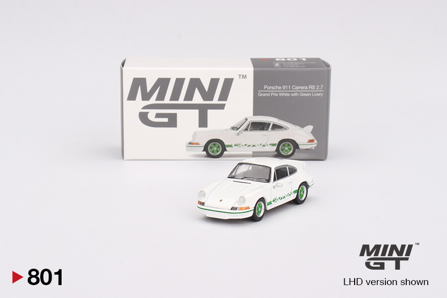 Mini GT 1/64 Porsche 911 Carrera RS 2.7 Grand Prix White with Green Livery MGT00801 - Thumbnail