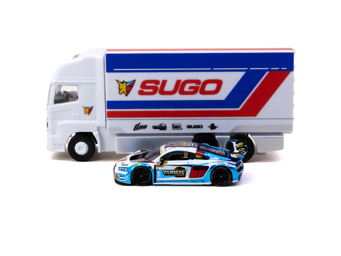 Tarmac Works 1/64 Audi R8 LMS GT3 evo II Macau GT Cup - FIA GT World Cup 2024 Uno Racing #30 with Tarmac Cards Combo Set and Truck Packaging - HOBBY64 T64-043-24MGP30