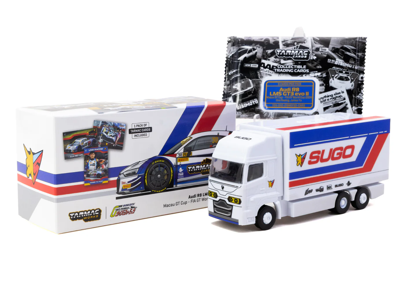 Tarmac Works 1/64 Audi R8 LMS GT3 evo II Macau GT Cup - FIA GT World Cup 2024 Uno Racing #30 with Tarmac Cards Combo Set and Truck Packaging - HOBBY64 T64-043-24MGP30 - Thumbnail