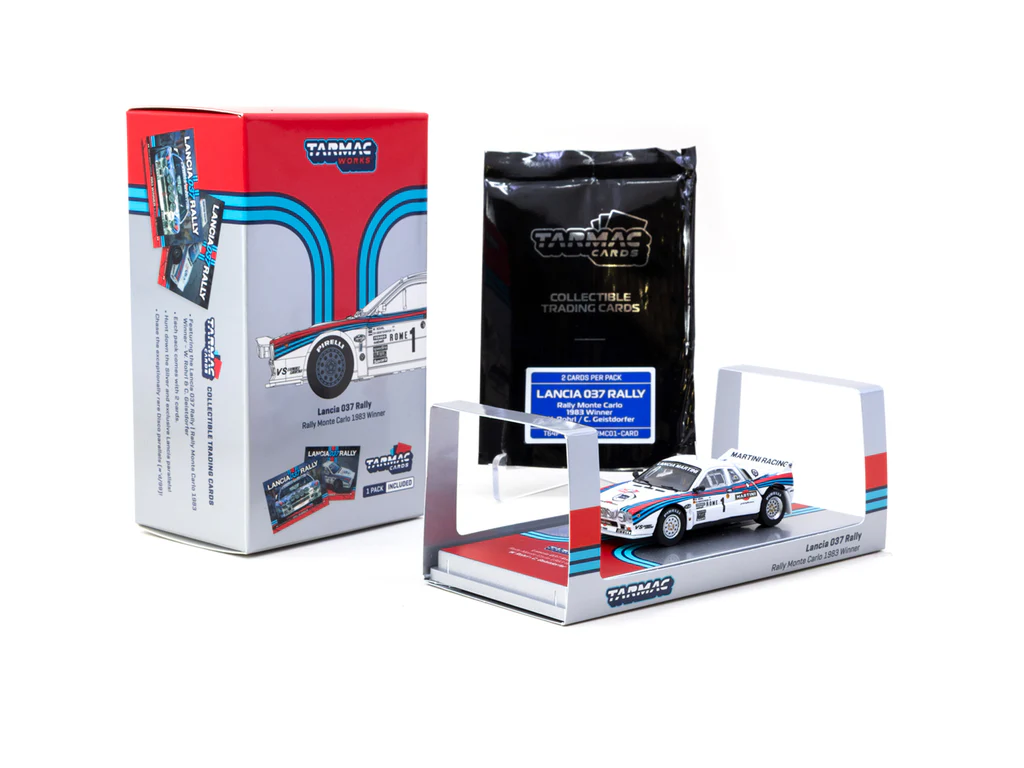 Tarmac Works 1/64 Lancia 037 Rally Rally Monte Carlo 1983 #1 with Tarmac Cards - HOBBY64+ T64P-TL002-83RMC01 - Thumbnail