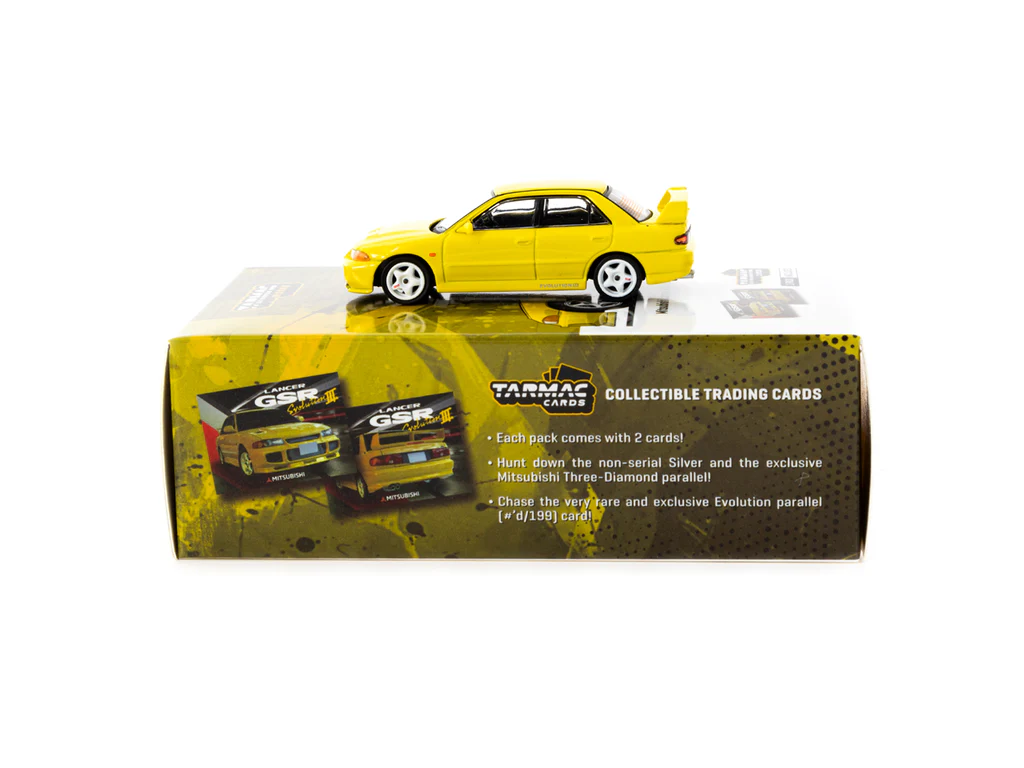 Tarmac Works 1/64 Mitsubishi Lancer GSR Evolution III Yellow with Tarmac Cards - GLOBAL64 T64G-050-YL