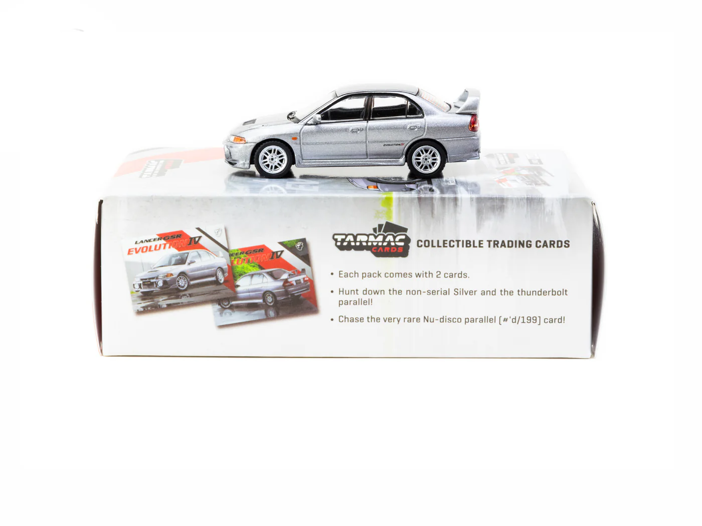 Tarmac Works 1/64 Mitsubishi Lancer GSR Evolution IV Silver with Tarmac Cards - GLOBAL64 T64G-076-SL